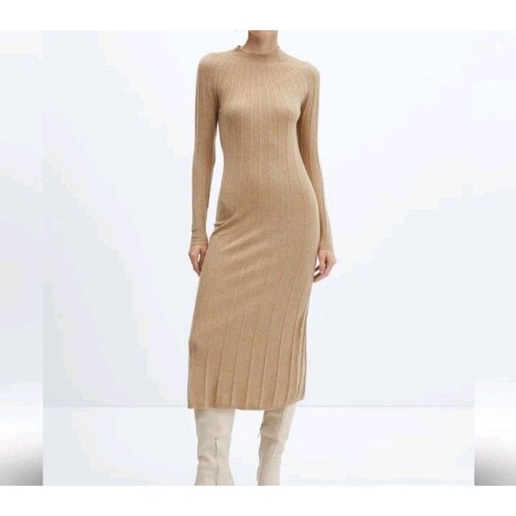 MNG Mango Perkins Neck Ribbed Knit Dress Brown Women’s 10 XL Midi Fall - Picture 2 of 10